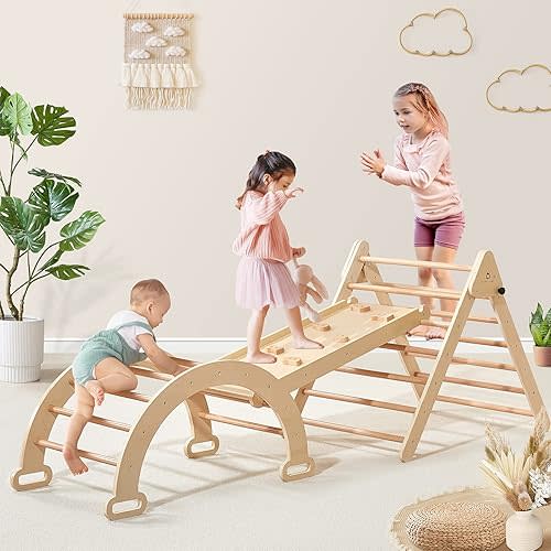 Tiny Land 5 in 1 Pikler Triangle Set, Foldable Climbing Toys for Toddlers Inside, Large Size Toddler Climbing Toys Indoor, Montessori Climbing Set for 2+, Baby Jungle Gym, Indoor Playground for Kids