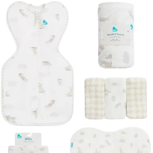 Newborn Starter Gift Bundle | Swaddle Up, Towel, Wash Cloth, Burp Cloths, Bibs | Cloud Bunnies