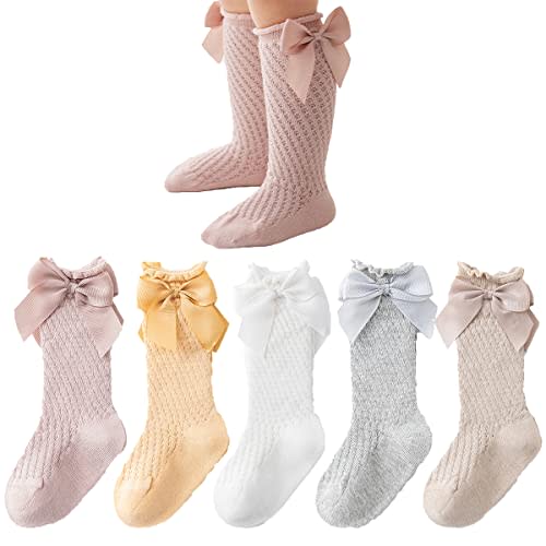 Taous Assam Baby Girls Knee High Socks Toddler Mesh Bowknot Breathable Dress Socks Little Girls Cotton Tube Stockings