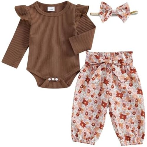 Mubineo Baby Girl Clothes Cute Outfits Ruffle Romper Flower Tops Pant Set Infant Long Sleeve Fall Winter Newborn Outfit