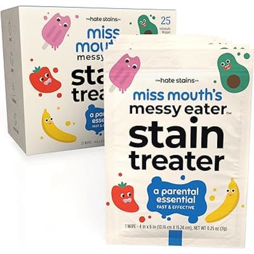 Miss Mouth's Messy Eater Stain Treater Wipes - 25 Pack Stain Remover - Newborn & Baby Essentials - No Dry Cleaning Food, Grease, Coffee Off Laundry, Underwear, Fabric