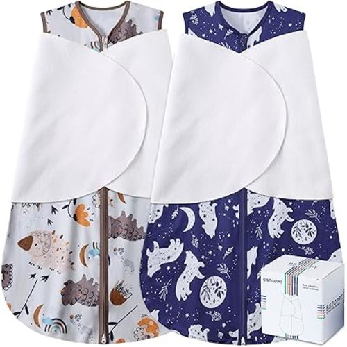 Newborn Sleep Sack Baby Swaddle,3-Way Adjustable Wearable Blanket,100% Rayon Cotton Swaddling Sleeping Bag,TOG 0.5 (Fox & Dinosaurs, 3-6 Months)