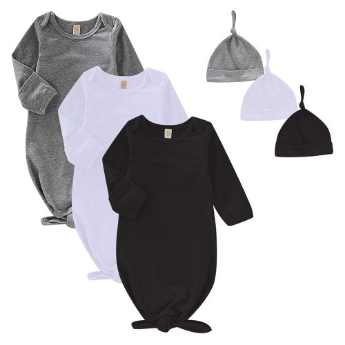 OPAWO Newborn Baby Knotted Gowns with Mitten Cuffs and Hat Baby Sleeper Gowns Coming Home Outfit for Baby Boy Girl 0-6 Months