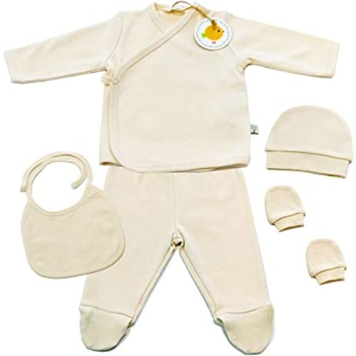 GOTS Certified 100% Organic 5 Piece Basic Essentials Layette Set for Newborn Baby Boys and Girls White