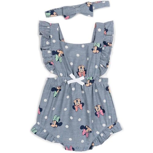 Disney Minnie Mouse Baby Girls Square Neck Chambray Romper and Headband Newborn to Infant Sizes (0-3 Months - 18 Months)