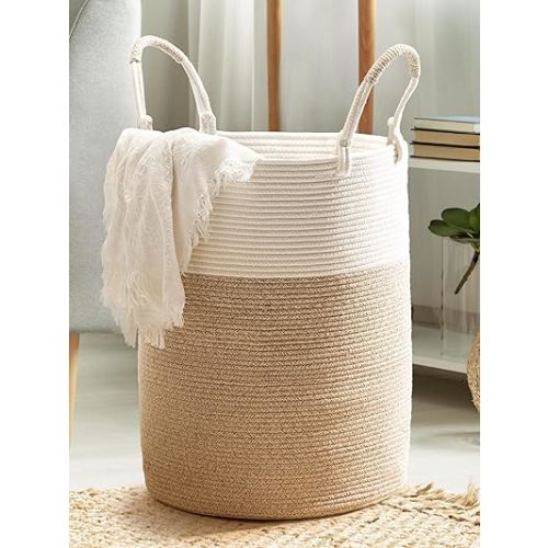 Laundry Basket – Laundry Hamper for Clothes, Blankets, Yoga Mat – Woven Cotton Rope Basket for Living Room, Nursery Room – Boho Style –15”D x 18”H – White & Beige Brown