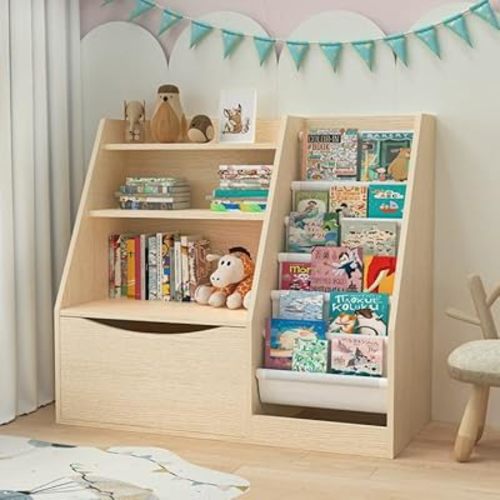 TOETOL 3 Tier Kids Bookshelf and Book Storage,6 Sling Toddler Bookshelf, Storage Boxes Book Shelf & Organizer for Nursery Playroom Classroom Library Bedroom Natural Wood