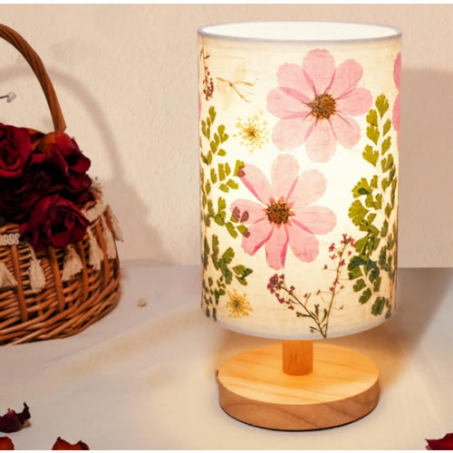 Dried Flowers Table Lamp 5W LED 3-color Pressed Flower Bedside Lamp Linen Shade with Wood Base for Bedroom Living Room Desk Office