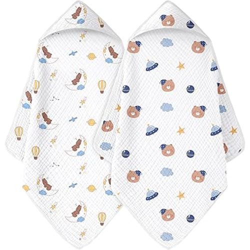 Baby Bath Towels, 100% Muslin Cotton Hooded Baby Towels for Newborn, 2 Pack Baby Towels with Hood for Infant Toddler and Kids, Large 32x32Inch, Soft and Absorbent - white space and bear