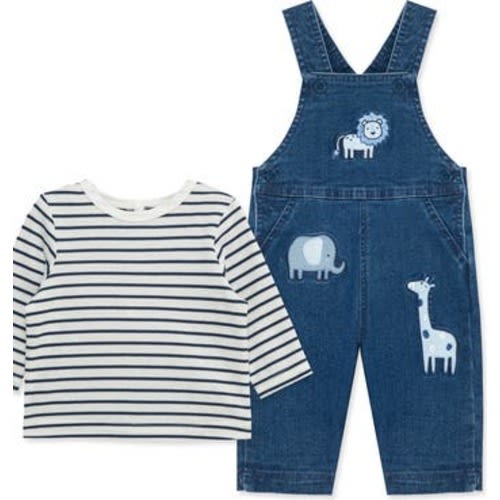 Safari Embroidered Overalls & Stripe Shirt Set, 3M