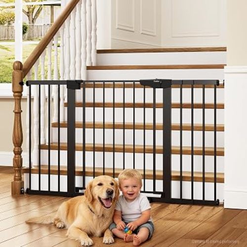 Cumbor 30-54" Extra Wide Baby Gate for Stairs, Dual Lock & Self-Closing Dog Gate Indoor, Easy Install Pet Gate for Doorways, Hallways & Kitchen, Easy Walk Thru Safety Proofing for Babies & Pets, Black