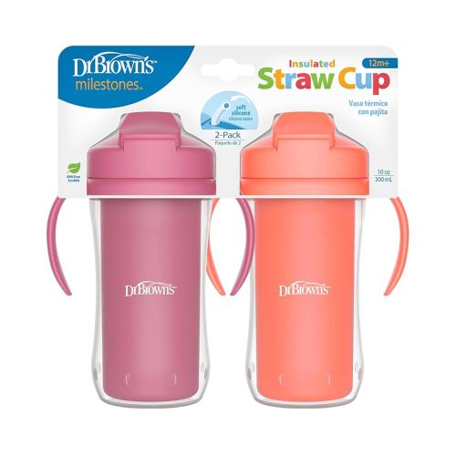 Dr. Brown's Milestones Insulated Sippy Cup with Straw and Handles, Spill-Proof Tumbler with Lid, 2-Pack, Pink, 10 oz/300 mL, BPA Free, 12m+