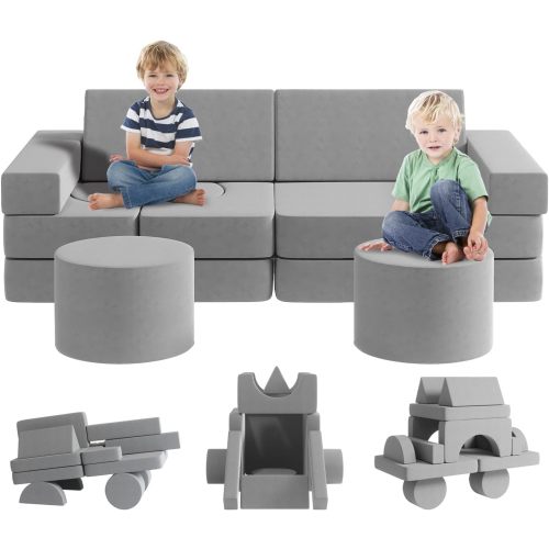 13Pcs Kids Sofa Couch with 2 Ottomans, Wanan Modular Toddler Couch, Kids Fold Out Couch for Playroom, Kids Couch for Playroom, Kids Play Sofa for Kids, Gray