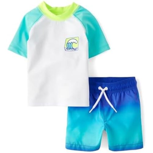 The Children's Place Boys' and Toddler 2-Piece Short Sleeve Rashguard and Swim Trunk