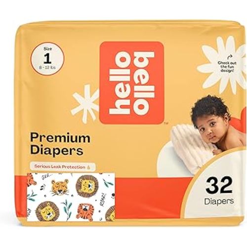 Hello Bello Diapers, Size 1 (8-12 lbs) Wild Cats, 32 Count of Premium Disposable Baby Diapers, Hypoallergenic with Soft, Cloth-Like Feel
