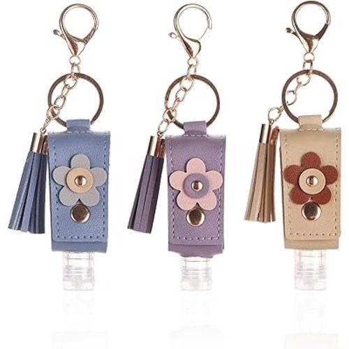 3 PACKS Hand Sanitizer Keychain, 30ml Refillable Portable Leather Hand Sanitizer Holder Travel Size for Toiletry Lotion Liquid Soap Shampoo (Blue、Purple、Khaki)