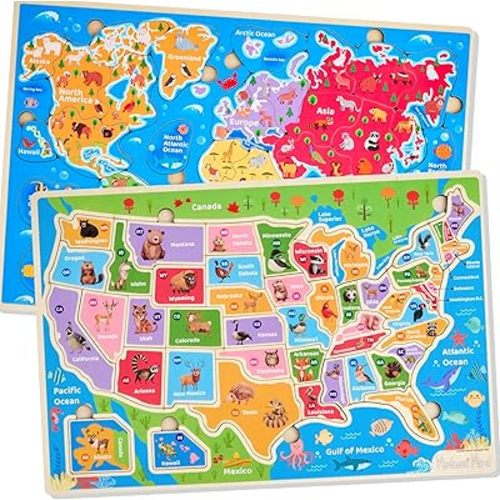 Montessori Mama Wooden Puzzles for Kids Ages 4-6, USA States and Capitols, World Continents and Oceans, Combo Set 2 Toddler Puzzles
