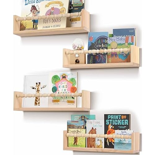 Nursery Book Shelves Set of 4,Wood Floating Nursery Shelves for Wall,Wall Bookshelves for Kids(Set of 4 Natural)