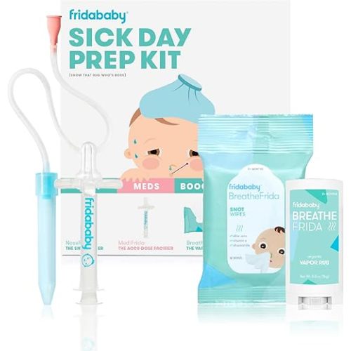 Frida Baby Sick Day Prep Kit, Sick Baby Essentials Includes NoseFrida Nasal Aspirator, MediFrida Pacifier Medicine Dispenser, Breathefrida Vapor Chest Rub + Snot Wipes, Soothe Stuffy Noses for Babies