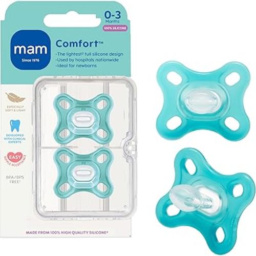 MAM Comfort Baby Pacifiers 0-3 Months Newborns, Lightweight One-Piece Full Silicone Binky, BPA-Free Nipple, Easy to Clean Pacifier, Best for Breastfed Babies, 2 Count, Sterilizer Case, Made in Europe