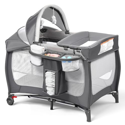 Kinder King 4 in 1 Portable Pack and Play, Baby Playard w/Bassinet, Large Playpen for Infant and Toddler, Newborn Changing Table, Adjustable Canopy, Storage Basket, Travel Bag, Grey