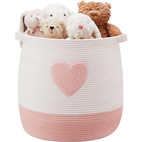65L Pink Laundry Hamper Basket for Baby Kids, 17Dx18H inches Woven Hamper for Girls, Toddler Nursery Woven Storage Basket for Toys (Pink Heart)