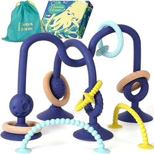 Jumble Jangle Baby Teething Toys – Multi Purpose High Chair Suction Teether Toy: Baby Teether Toy Relief with Sensory Toy Textures for Babies and Infants 0–24+ Months (Dark)