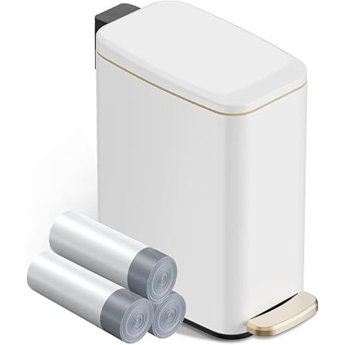 Small Bathroom Trash Can with Lid Soft Close, Step Pedal, 6L / 1.6 Gal Stainless Steel Garbage Bin with Removable Inner Bucket, Slim Wastebasket for Narrow Spaces (White)
