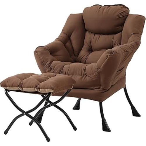 Tiita Lazy Chair with Ottoman, Modern Large Accent Lounge Armchair, Comfy Leisure Sofa Reading Chair with Footrest for Bedroom, Living Room, Dorm Rooms, Garden and Courtyard, Brown