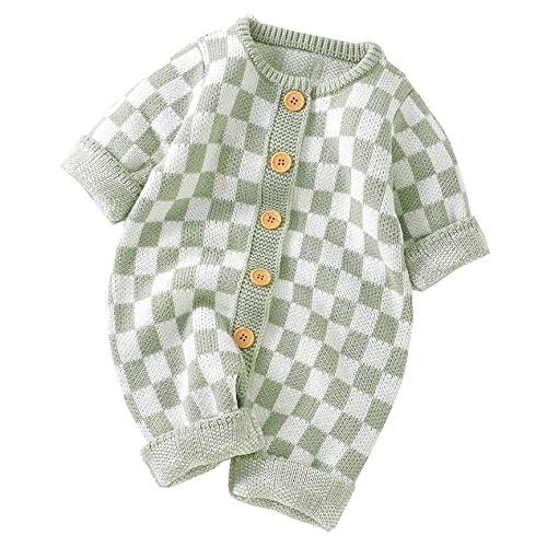 Unisex Baby Girl Boy Knitted Romper Jumpsuit Checkerboard Plaid One Piece Button Down Sweater Playsuit Clothes