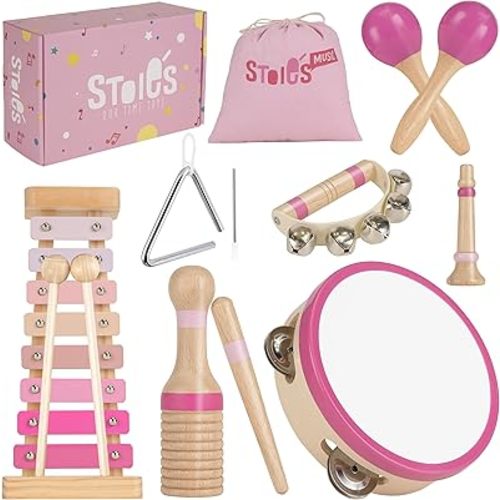 Stoie’s Pink Wooden Musical Instruments for Toddlers Ages 3+, Montessori Music Toy Set with Xylophone, Tambourine, Maracas & Triangle, Educational Preschool Toys for Girls & Boys