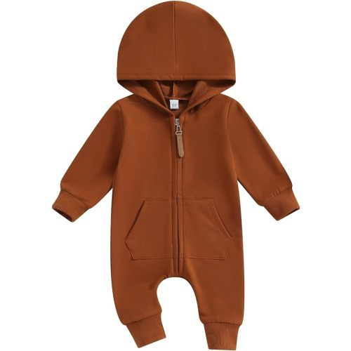 allshope Newborn Baby Boy Girl Fall Outfit Romper Long Sleeve Hooded Solid Zipper Jumpsuit Bodysuit Infant Clothes