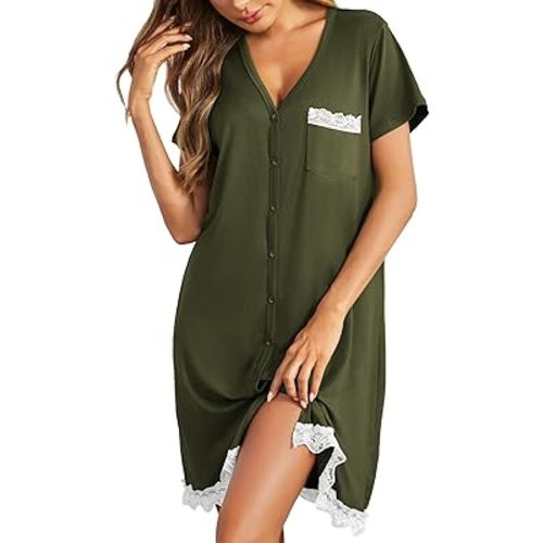 Ekouaer Women Striped Nightgowns Button Down Sleepshirts Short Sleeves Nightshirts