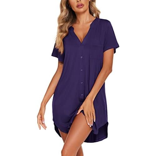 Ekouaer Women V Neck Button Down Nightgown