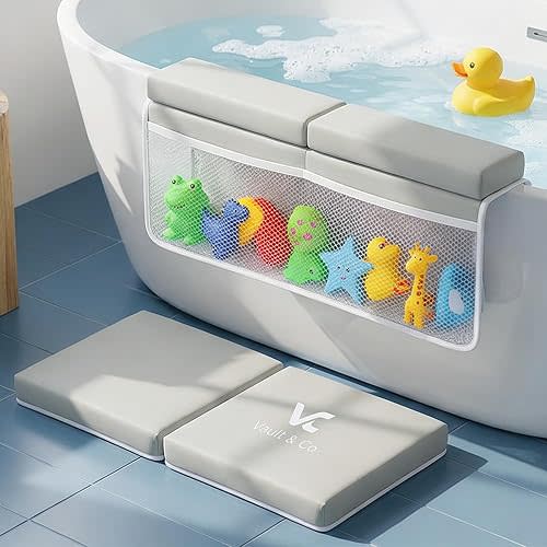 Vault & Co Bath Kneeler and Elbow Rest Pad Set – Extra Thick 1.5” Cushioned Baby Bath Kneeling Pad, Non-Slip Mat with Quick Dry Cover Storage Pockets, Waterproof Support & 5 Fun Bath Toys