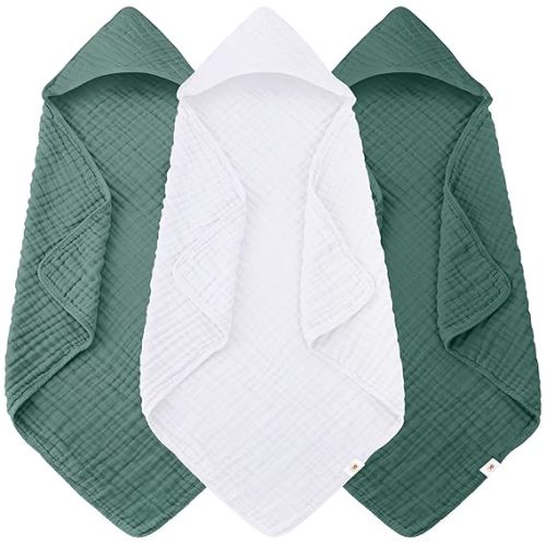 Sunny zzzZZ Muslin Hooded Baby Bath Towels - 3 Pack 100% Cotton Soft Low-Saturation Pastel Towels Including Classic White for Newborns, Infants, Toddlers - 32x32 Inch - Light Emerald and White