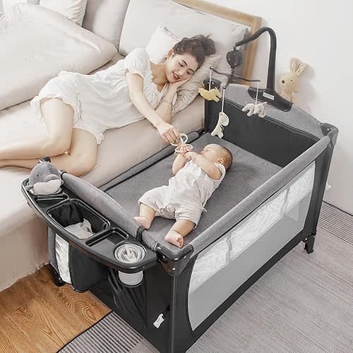 5-in-1 Pack and Play, Baby Bassinet Bedside Sleeper with U-Shaped Diaper Changer, Portable Baby Playard for Newborn Toddlers, Baby Crib with 4 Adjustable Height, Carry Bag, Easy to Install (Black)