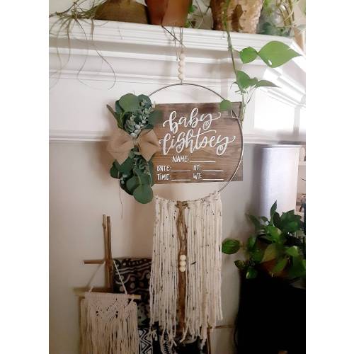 Gender Neutral Hospital Door Hanger // Boho Chic Newborn Stats // Metal Hoop Hanger With Yarn // Baby Homecoming Sign // Greenery Burlap