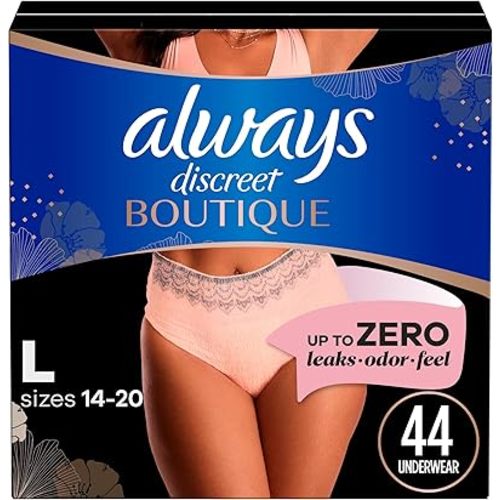 Always Discreet Boutique Incontinence and Postpartum Underwear for Women, Maximum Protection, L, Rosy, 44 Count