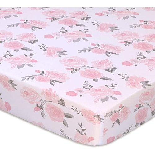 The Peanutshell Fitted Pack n Play, Playard, Mini Crib Sheets for Baby Girls | 2 Pack Set | Pink Roses and Floral