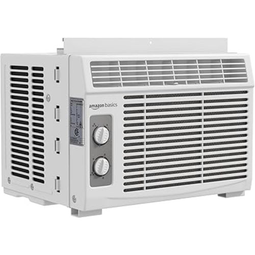 Amazon Basics 5000-BTU Small Window Air Conditioner, Up to 150 Sqf, Window AC Units with Cool and Fan Functions, Washable Filter, Adjustable Window Kit, Intuitive Mechanical Controls, White