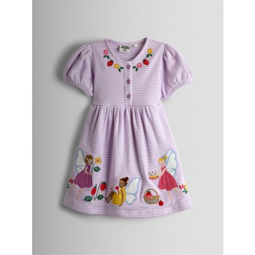 JoJo Maman Bébé Lilac Purple Fairy Picnic Appliqué Puff Sleeve Button Front Dress - Size 2 Years