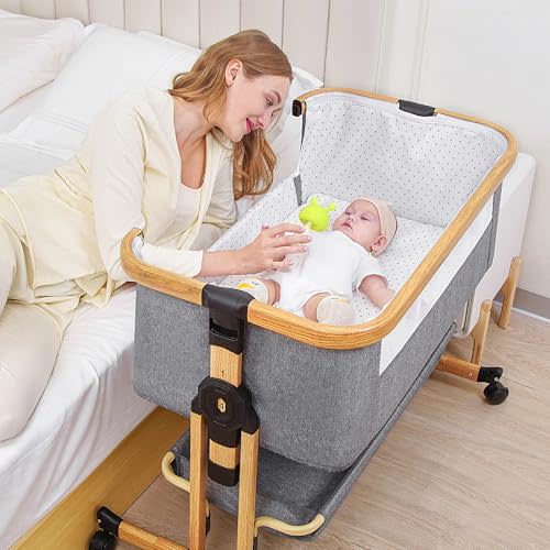 RICUTON Baby Bassinet, 3 in 1 Bedside Crib for Newborn, 6 Height Adjustable & Easy Folding & with Mosquito Net & Storage Basket & Wheels
