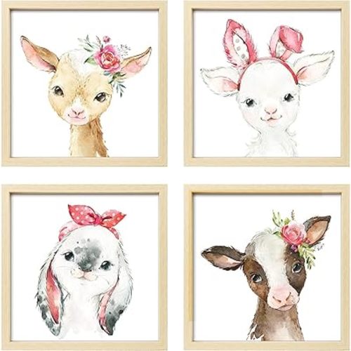 ArtbyHannah Framed Baby Girl Nursery Wall Art Decor with Lightweight 10x10 Wood Frames and Plexiglass Covering, Forest Woodland Animals Prints for Playroom, Kids Room Decoration, Set of 4