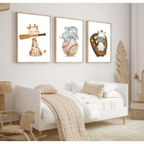 Modern Giraffe Zebra Elephant Wall Art Set of 3 Baseball Print Animal Sports Minimalist Baseball Glove Canvas Painting for Boy Sports Nursery Decor With Inner Frame