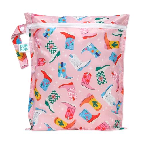 Bumkins Waterproof Wet Bag for Baby, Travel, Swim Suit, Cloth Diapers, Pump Parts, Pool, Gym Clothes, Toiletry, Hook to Stroller, Daycare, Zipper Reusable Bag, Wetdry Packing Pouch, Cowgirl Boots