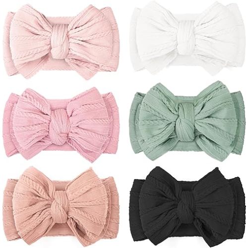 CÉLLOT 6 Pcs Super Stretchy Soft Handmade Headbands with Double Bows Head Wrap Nylon Hair Accessories For Newborn Babies Girls Infants Toddlers