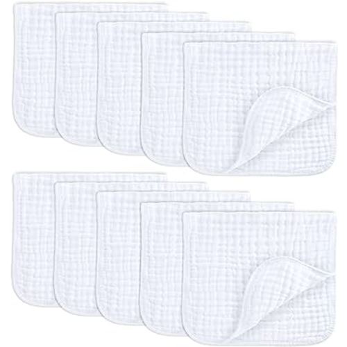 Comfy Cubs Muslin Burp Cloths Set Large 100% Cotton Hand Washcloths for Babies, Baby Essentials 6 Layers Extra Absorbent and Soft Boys & Girls Baby Bibs & Burp Cloths Set (White, 10-Pack, 20" X10")