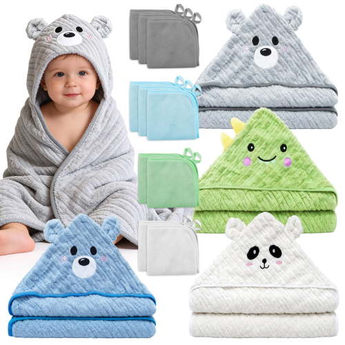 14 PCS Baby Towels Set,4 PCS Soft Baby Hooded Towels & 10 PCS Washcloths, Baby Bath Towels for Newborns, Infants & Toddlers, Ultra Absorbent, Cute Baby Towel Gift for Boys