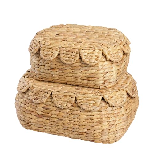 LUSYDECO Set of 2 Hand Round Wicker Storage Baskets with Lid, Rattan Basket Decorative Boxes, Woven Storage Box Hyacinth Basket with Lids, Scalloped Edge Wicker Basket with Lid